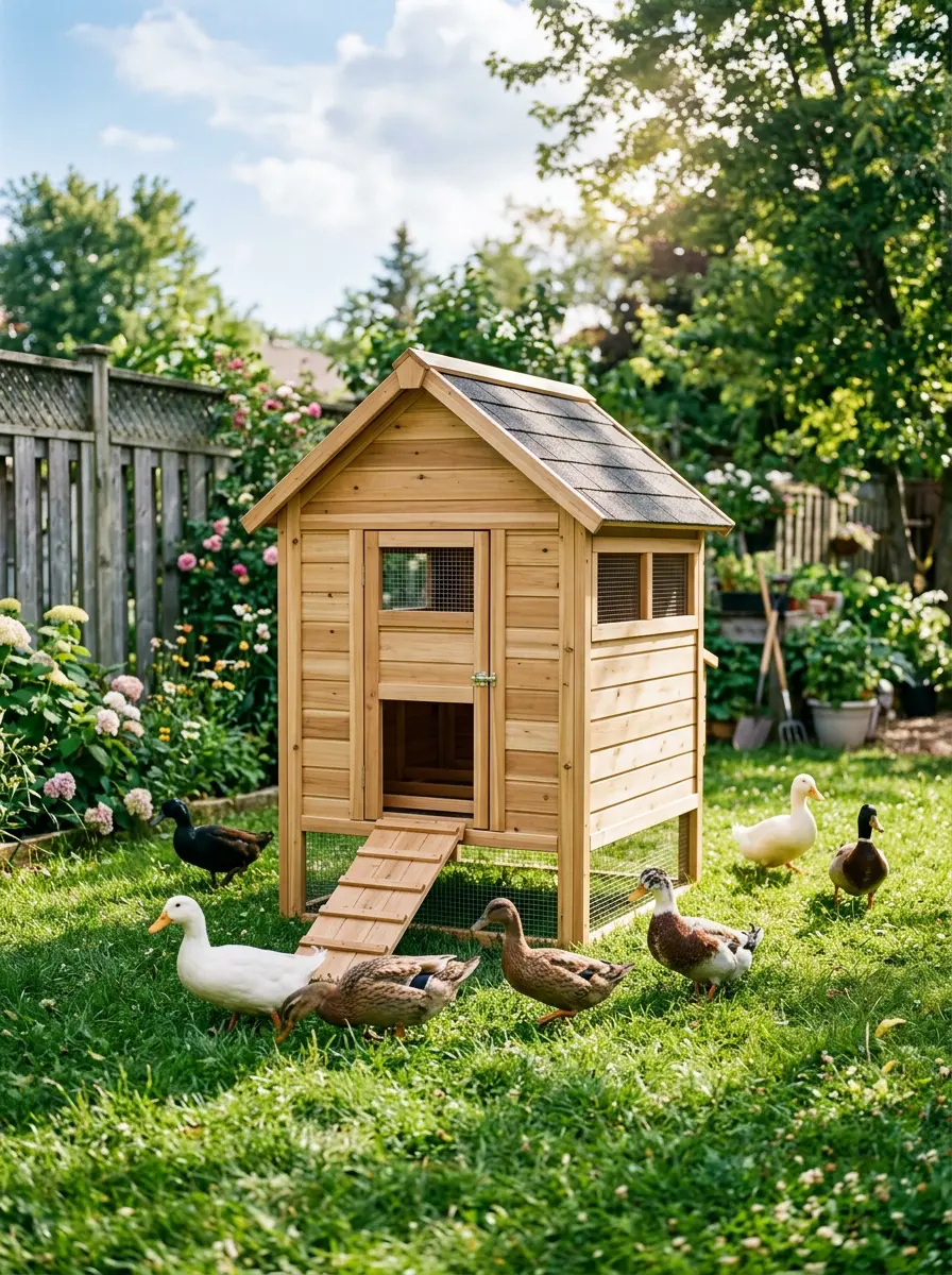 Compact backyard duck shelter with wooden ramp
