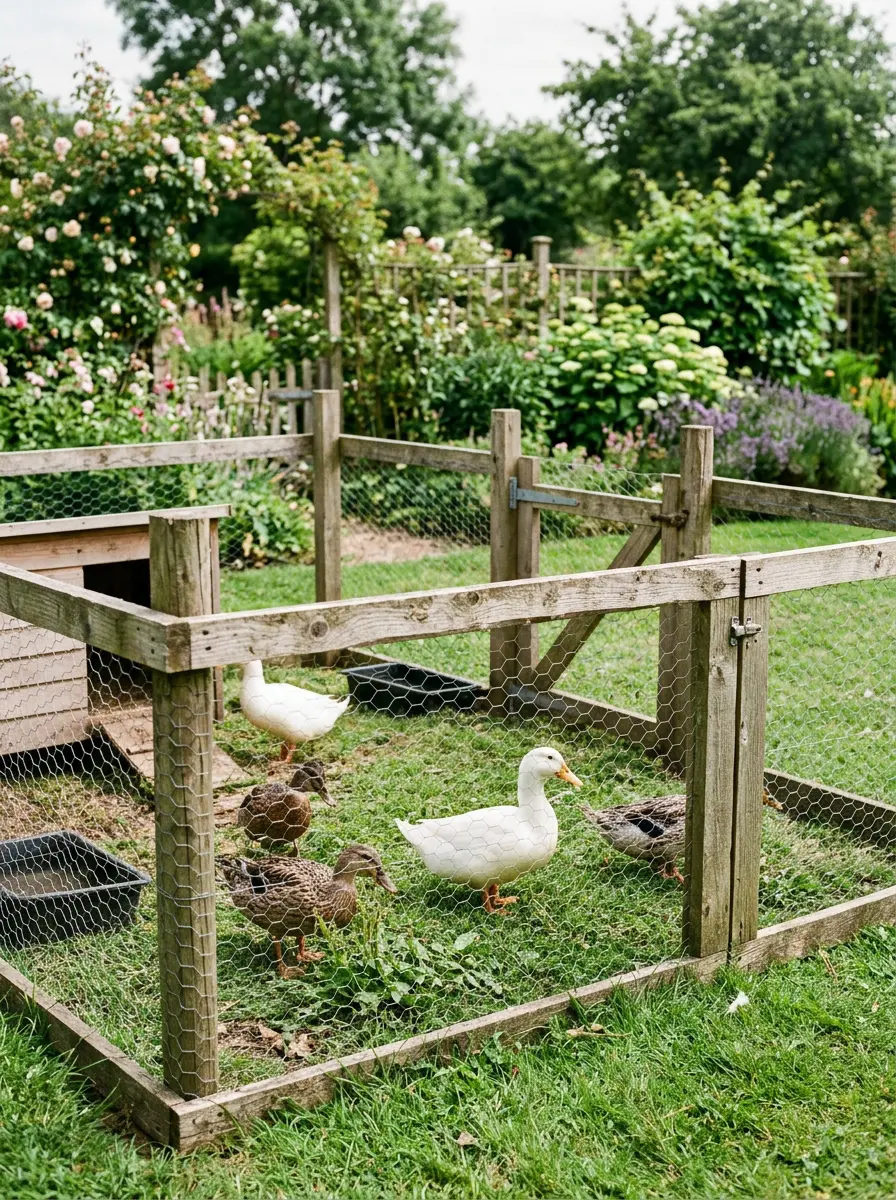 Simple wire fenced duck pen in a garden