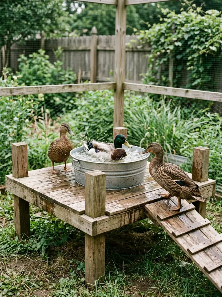 Raised duck bath platform with metal tub