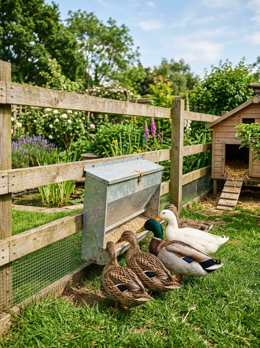 Outdoor duck feeding station beside wooden fence