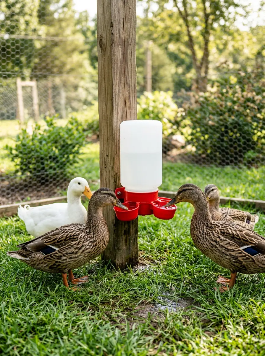 Automatic watering system for ducks in a fenced pen