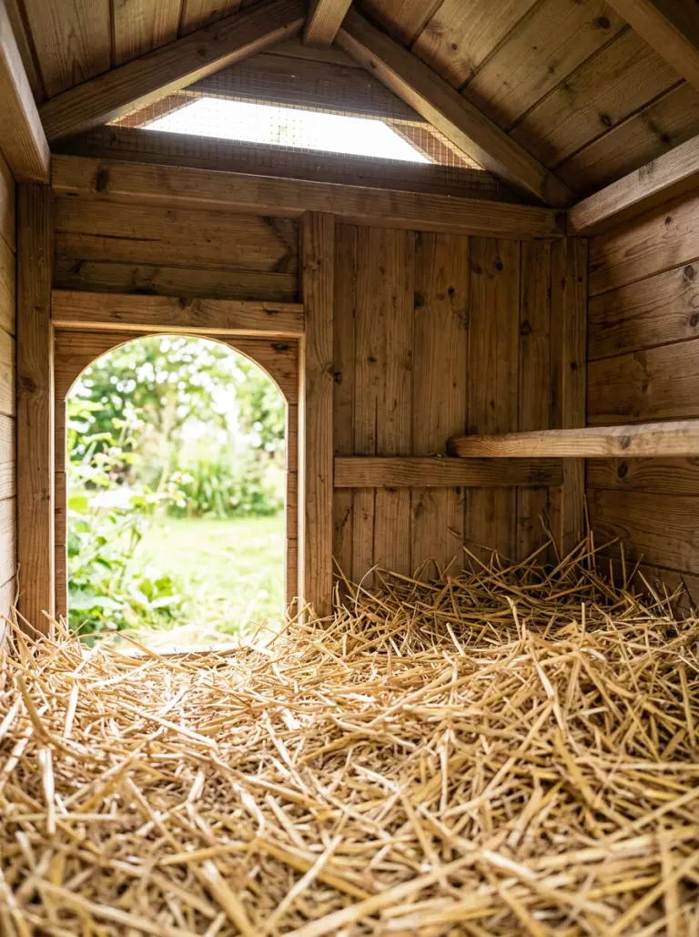 Straw lined interior of a wooden duck house