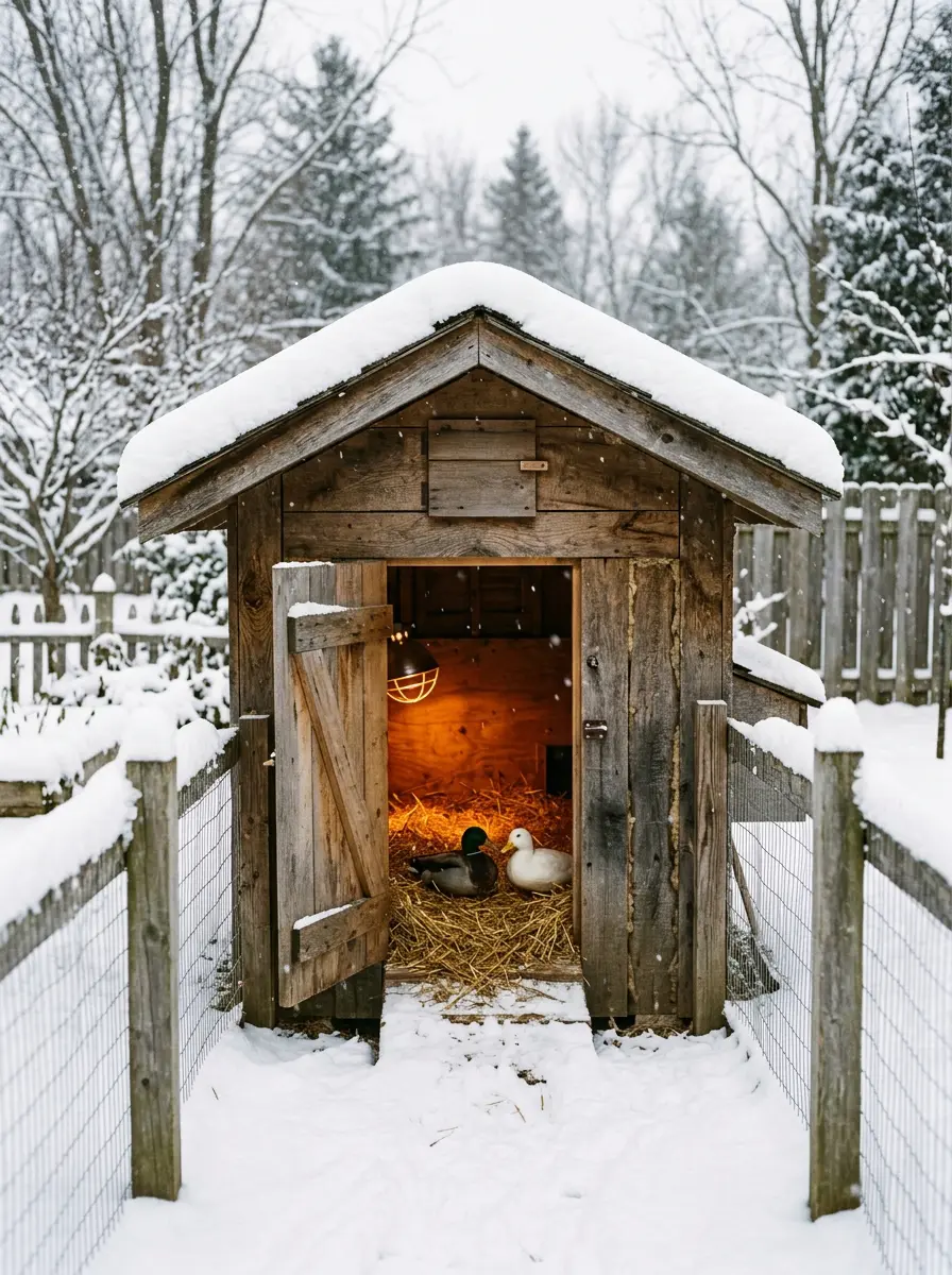 Winter ready duck house with straw bedding