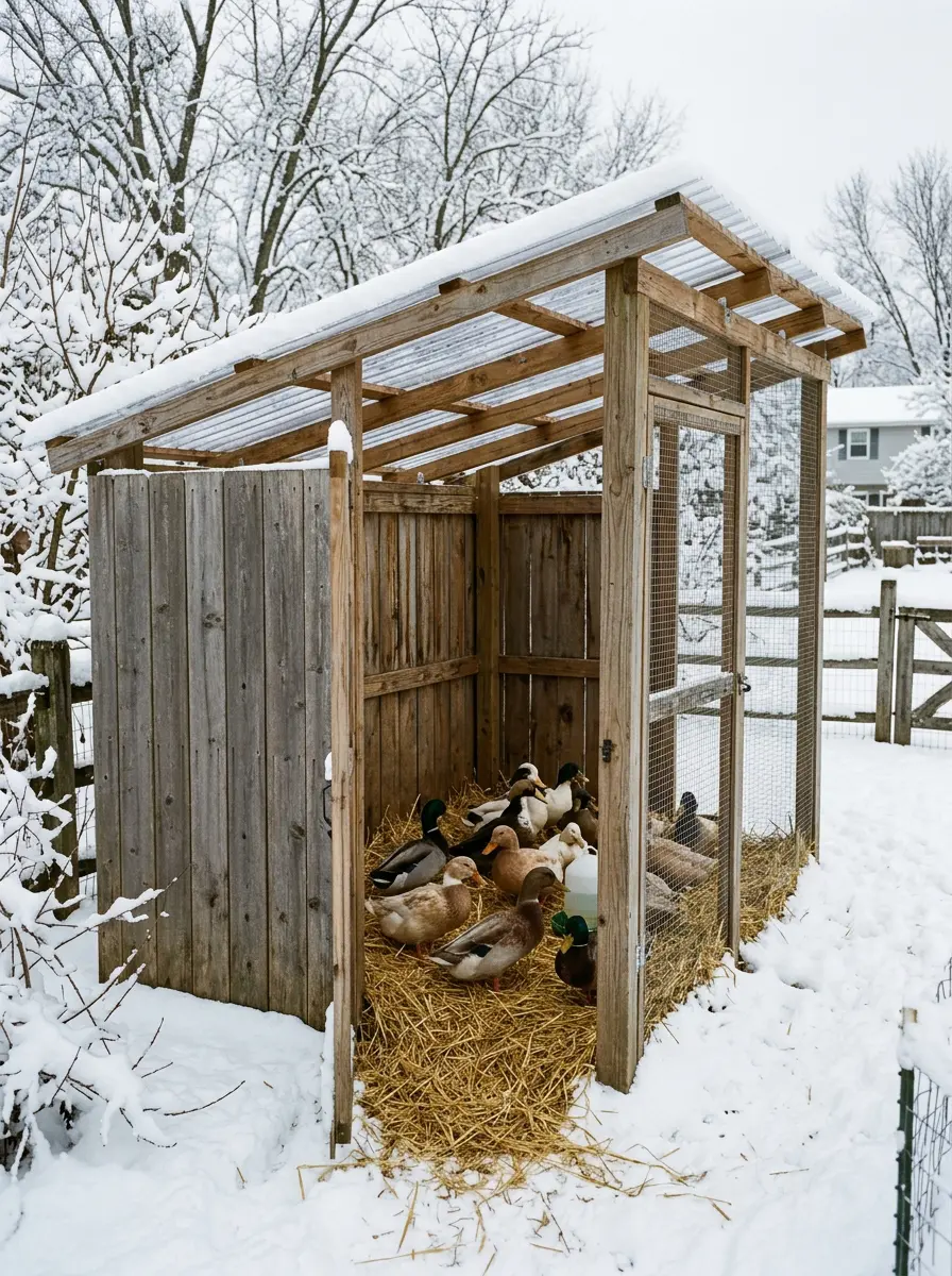 Covered winter duck shelter with straw bedding