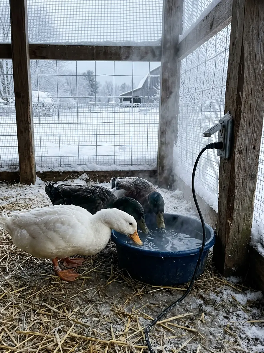 Heated water station for ducks in winter