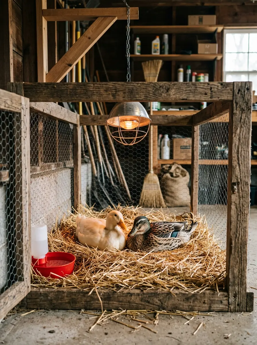 Indoor duck resting pen with heat lamp