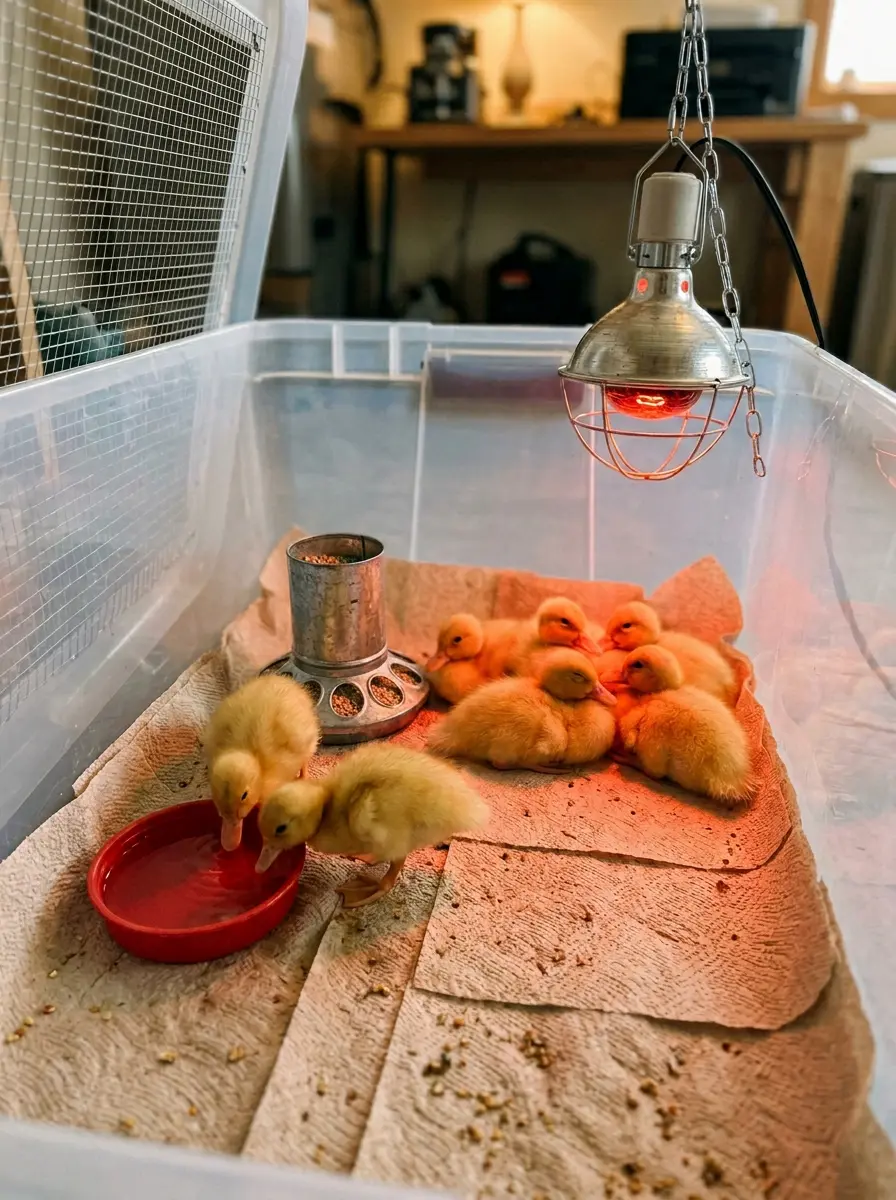 Duckling brooder setup with heat lamp