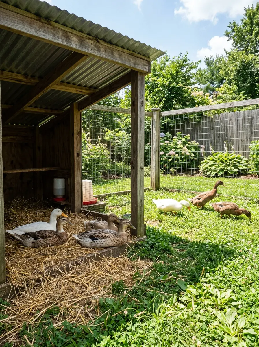 Open sided duck shelter with fenced grass run