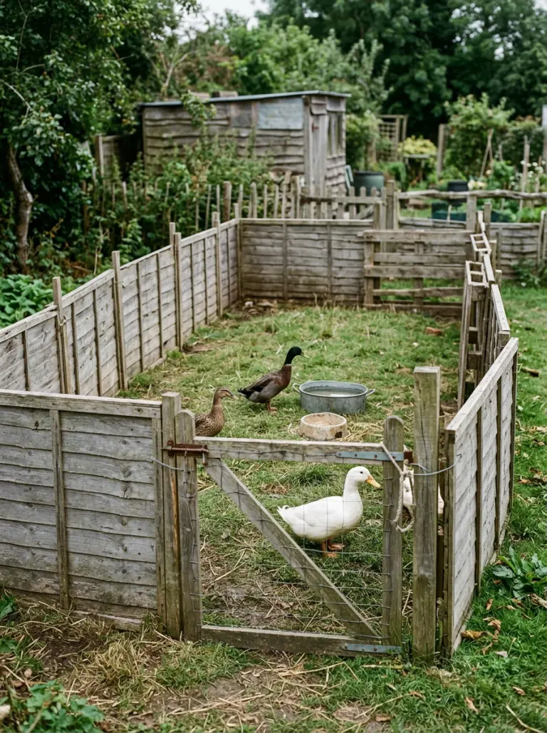Large wooden duck yard with gate