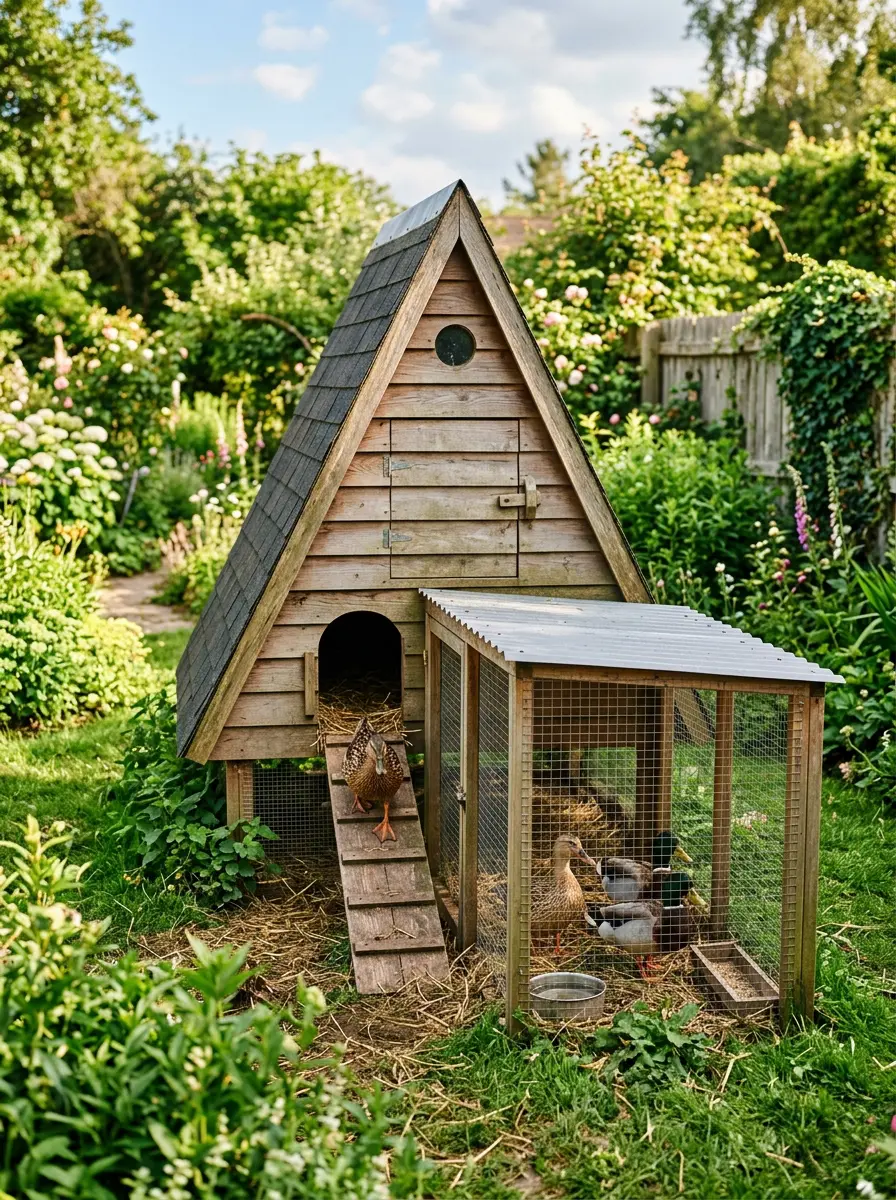 A frame duck house with attached run