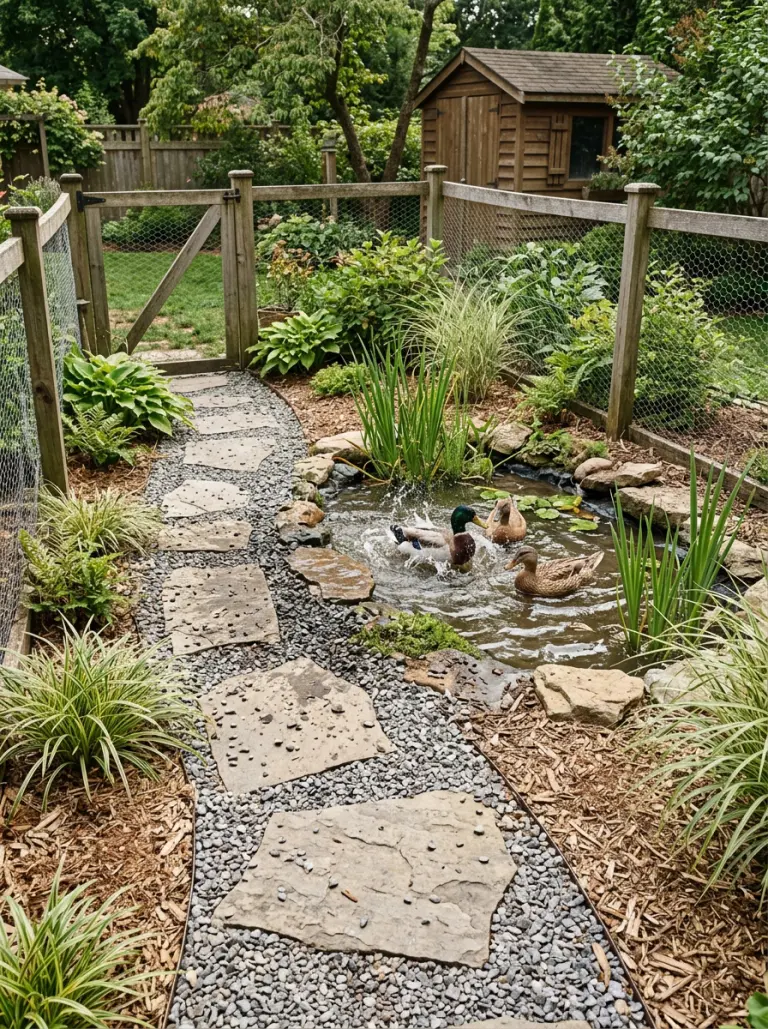 Duck pond garden enclosure with stone path