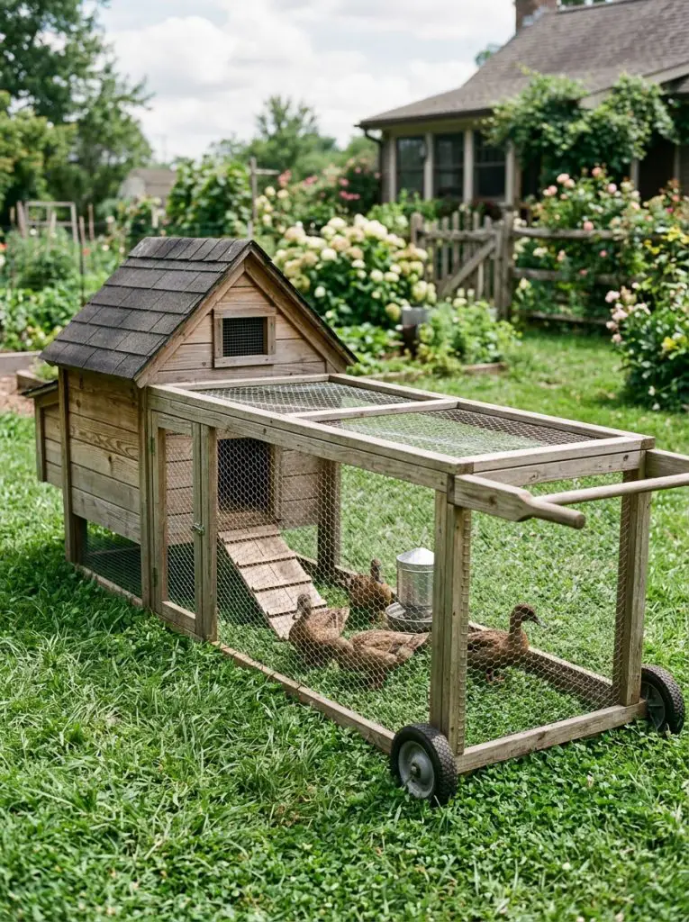 Mobile duck tractor with wheels and mesh run