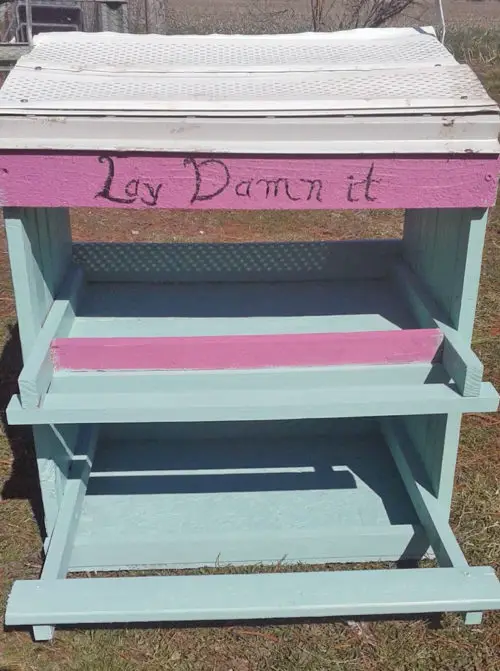 Painted blue and pink tiered wooden chicken nesting box