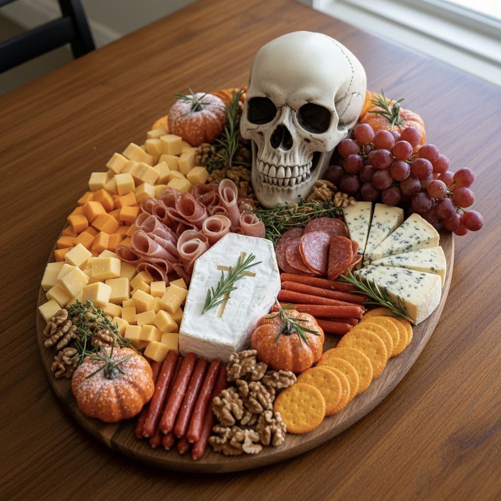 39 Spooky Charcuterie Board Ideas For Your Next Halloween Party 3 Skull center Halloween charcuterie board with cheese, cured meat, crackers, grapes, walnuts, and pumpkins