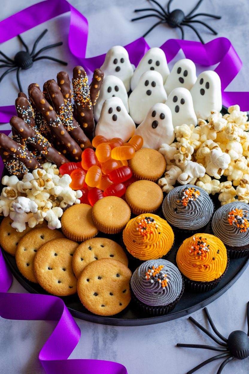 41 Spooky Dessert Board Ideas for Halloween Parties 6 Ghost themed Halloween dessert board with cupcakes, popcorn, pretzels, cookies, and gummy candy