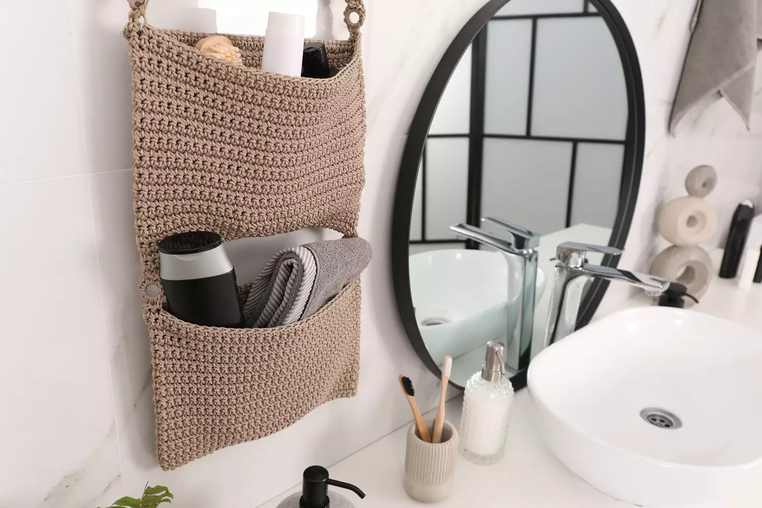 29+ Bathroom Towel Storage Ideas for a Clean and Organized Space 12 Woven Hanging Wall Organizer Pockets