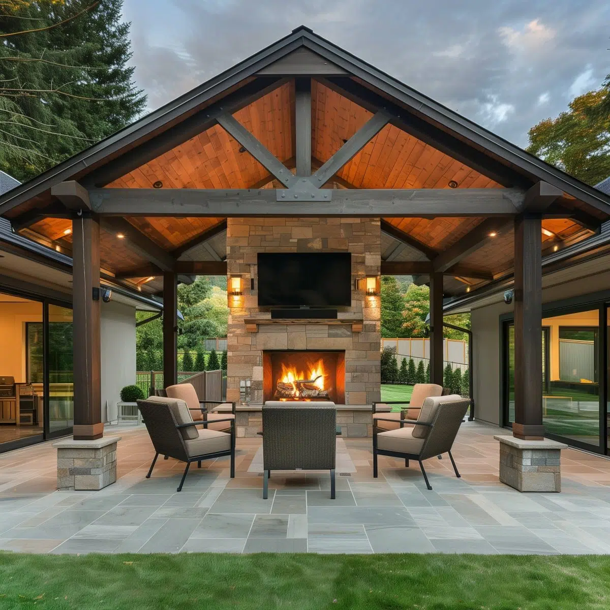 Stone Fireplace Vaulted Timber Lounge