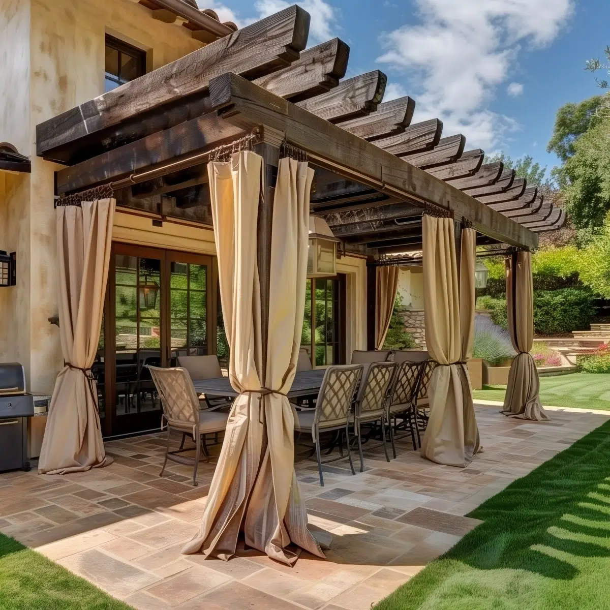 Mediterranean Style Pergola with Outdoor Curtains