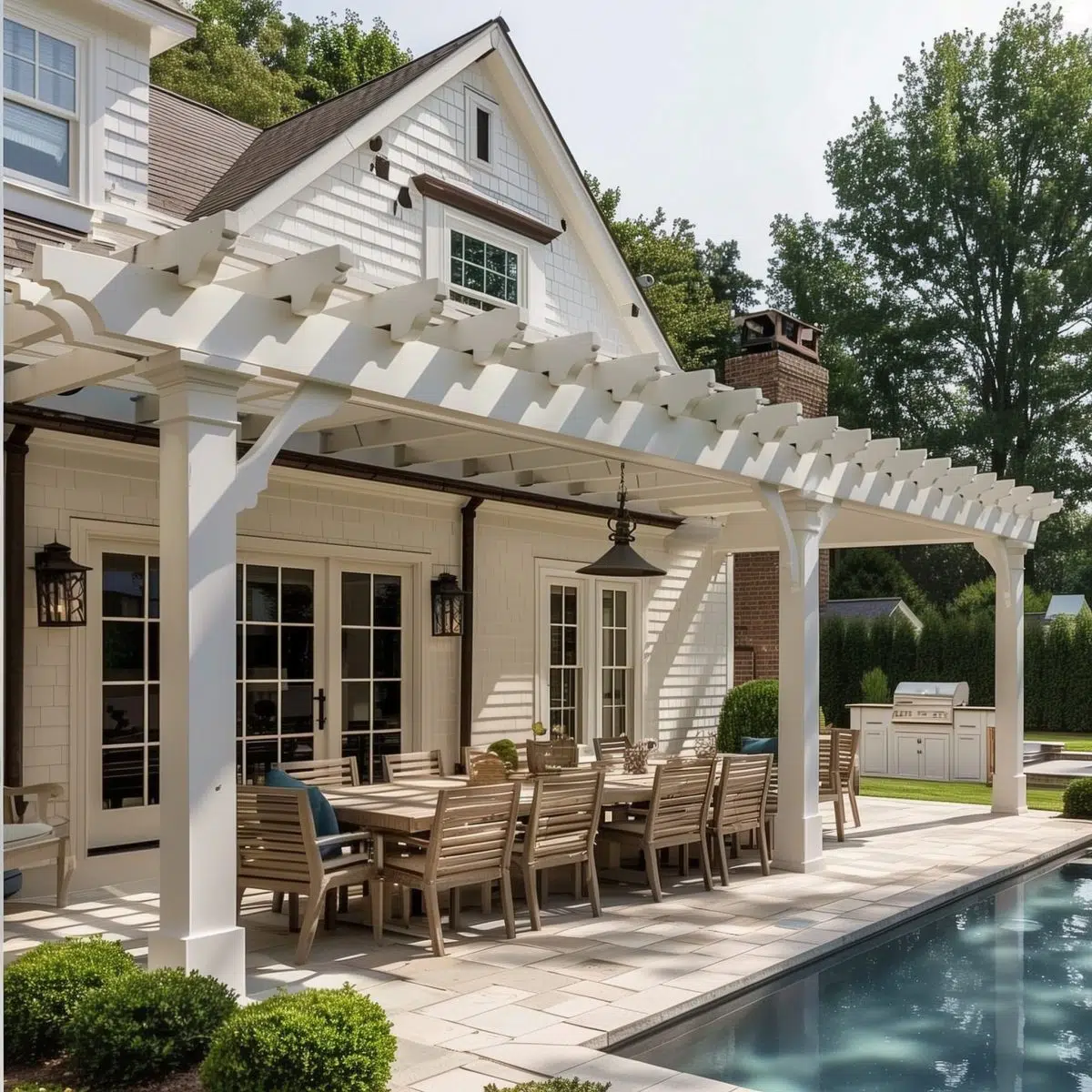 Poolside White Pergola Dining Space