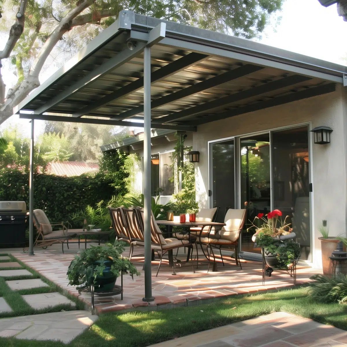 Metal Roof Patio Canopy over Terracotta Floor