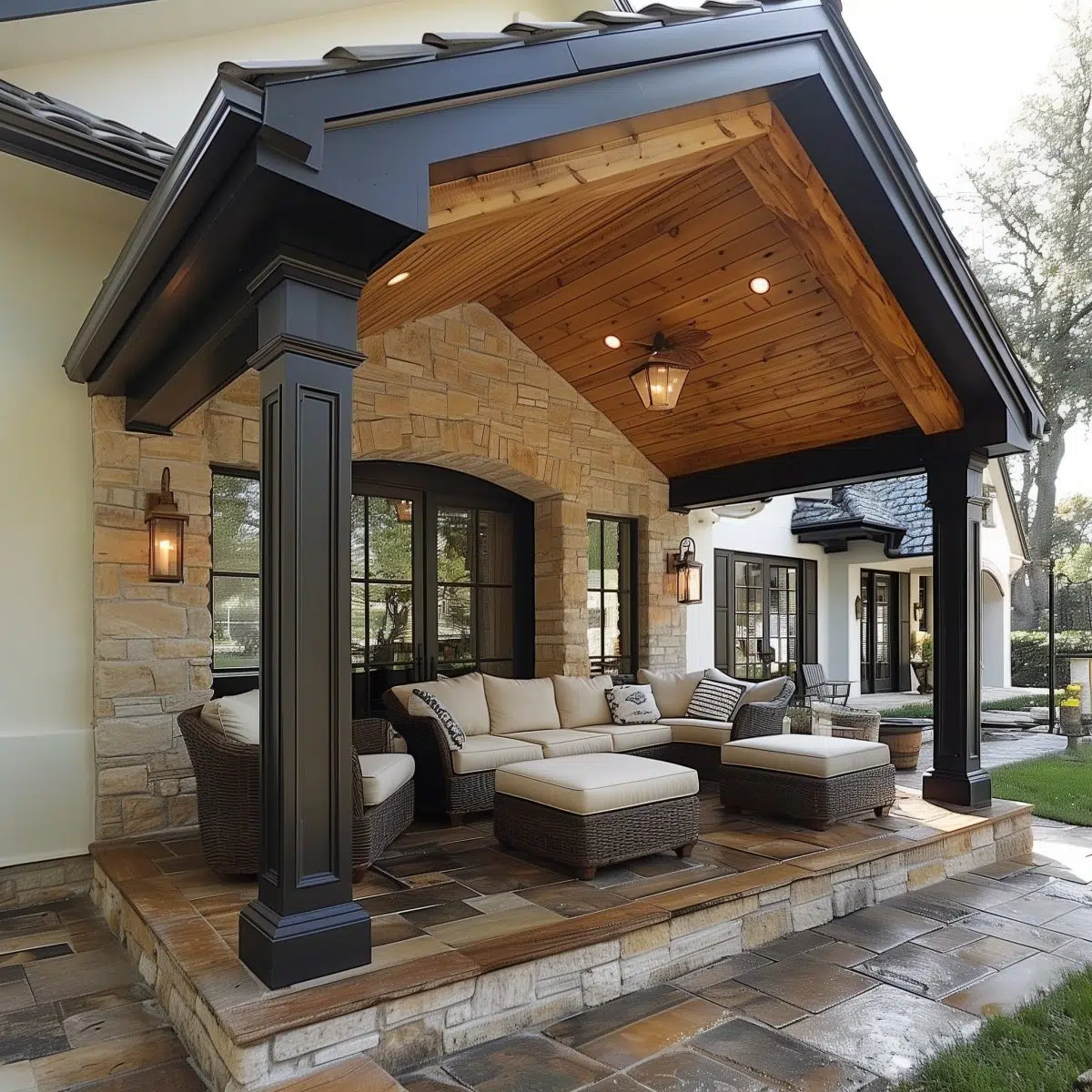 Raised Stone Porch with Black Beams