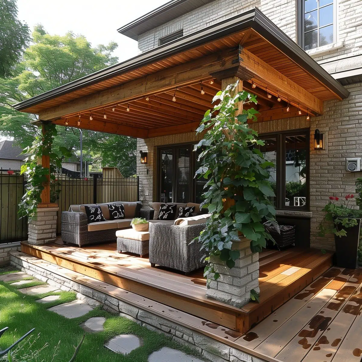 Wood Deck Shelter with Climbing Greenery