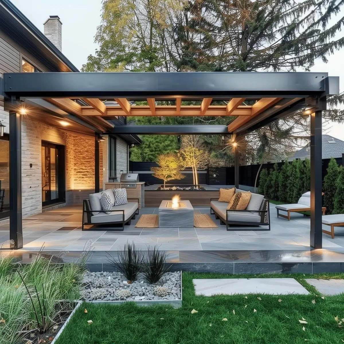 Black Metal Frame Pergola with Central Fire Table