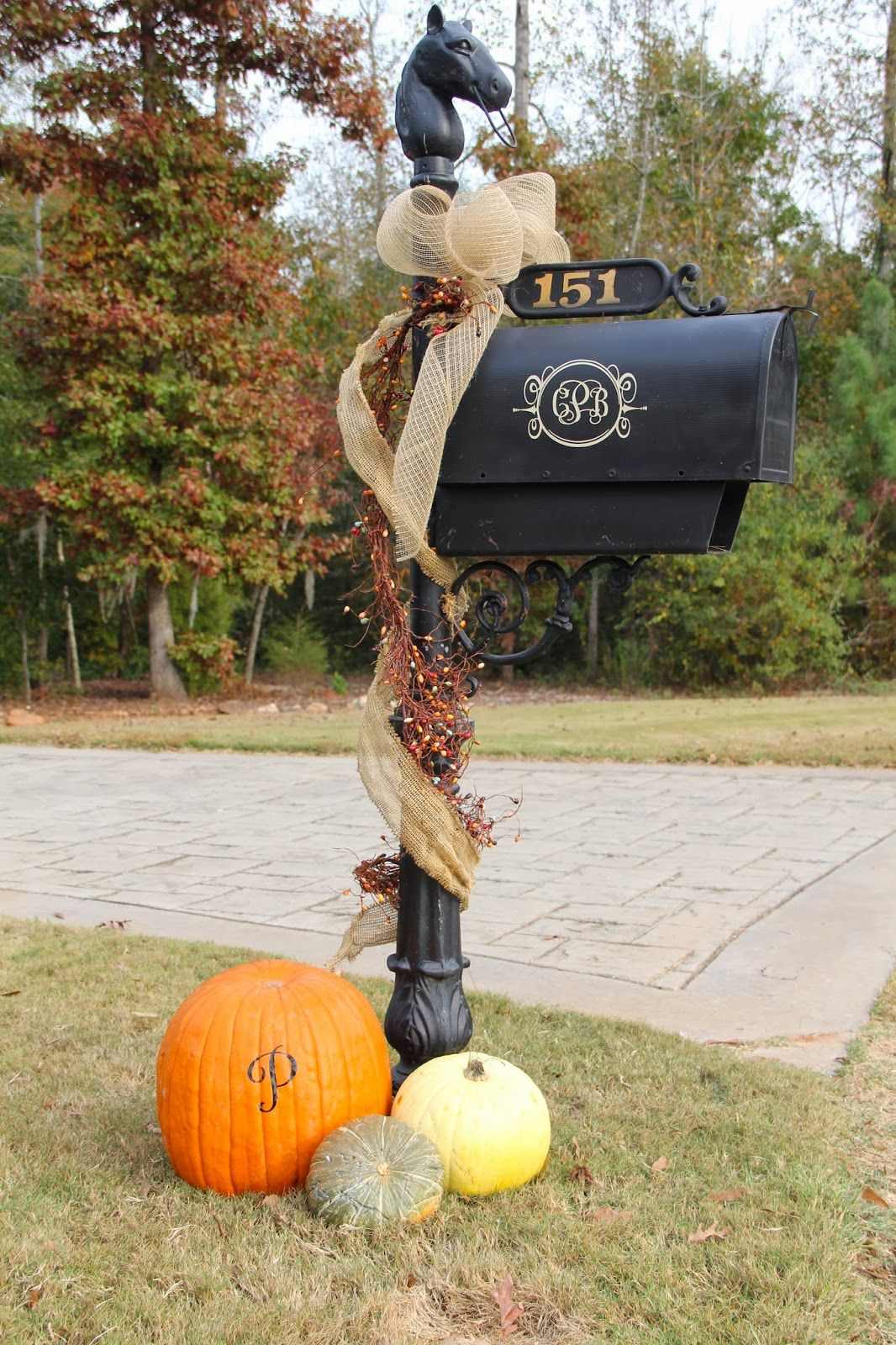 Monogram Pumpkin Trio with Burlap Wrap