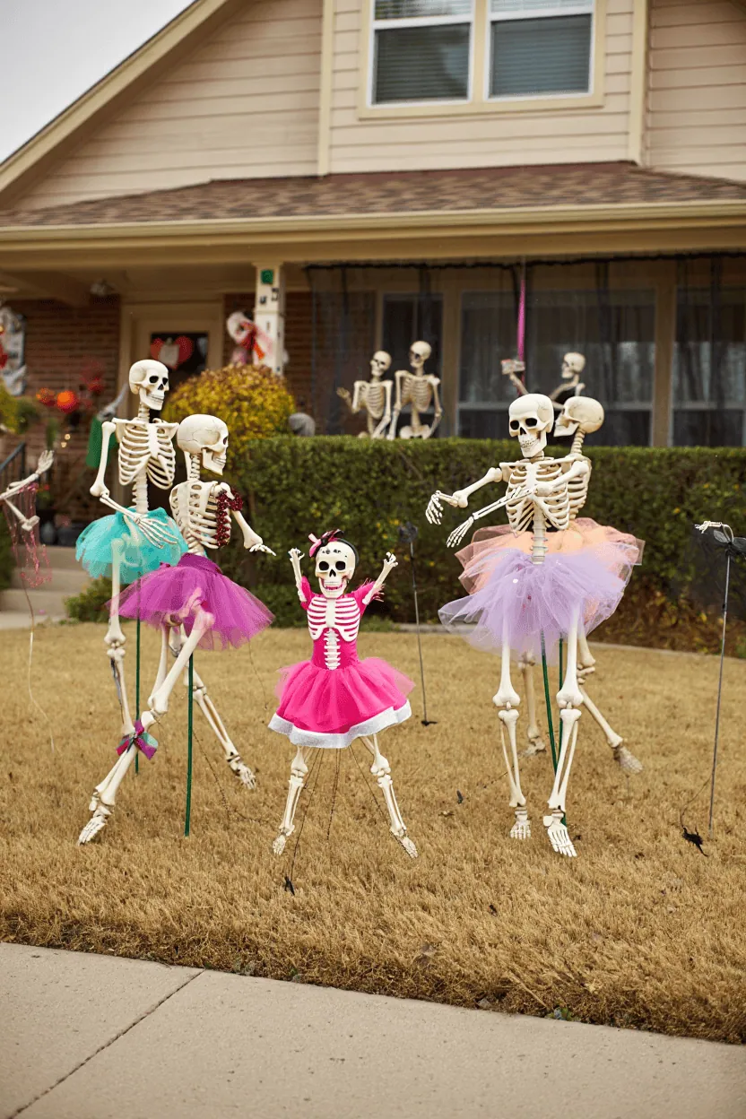 25 Front Yard Halloween Decorations for a Spooky Outdoor Display 17 Skeleton Ballerinas Lawn Dance