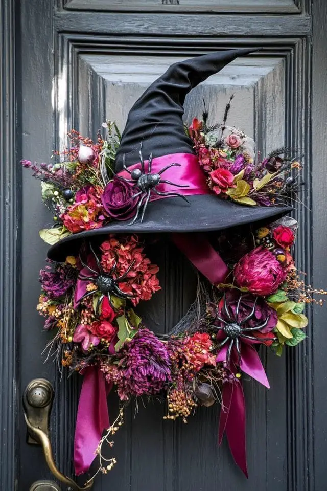 27 Halloween Wreath Ideas to Give Your Front Door a Spooky Touch 4 Floral Witch Hat Wreath