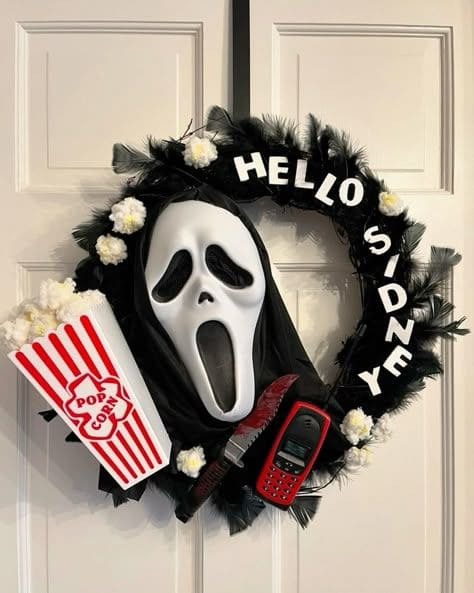 27 Halloween Wreath Ideas to Give Your Front Door a Spooky Touch 13 Scream Ghostface Movie Wreath