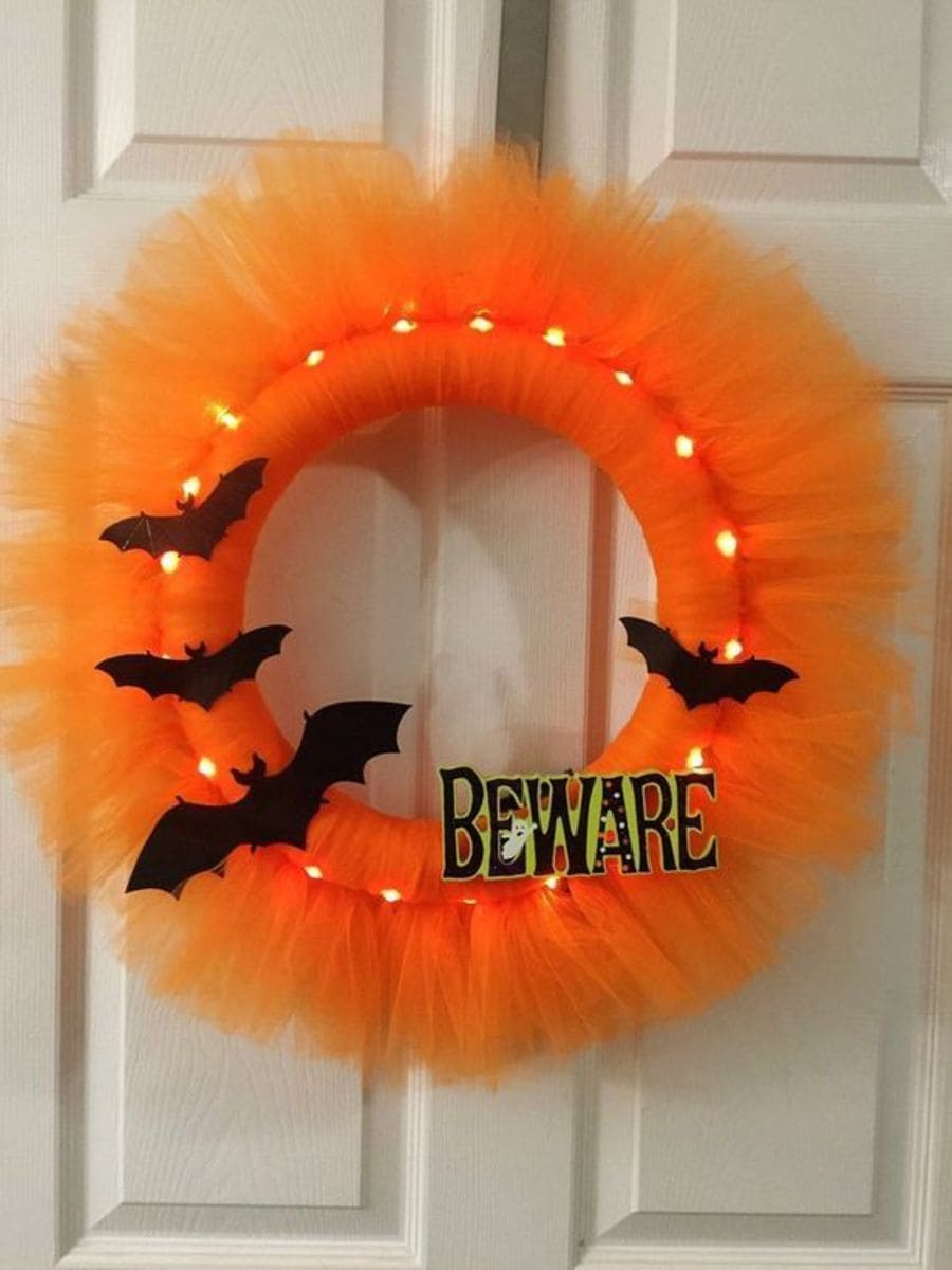 27 Halloween Wreath Ideas to Give Your Front Door a Spooky Touch 17 Orange Tulle Beware Wreath