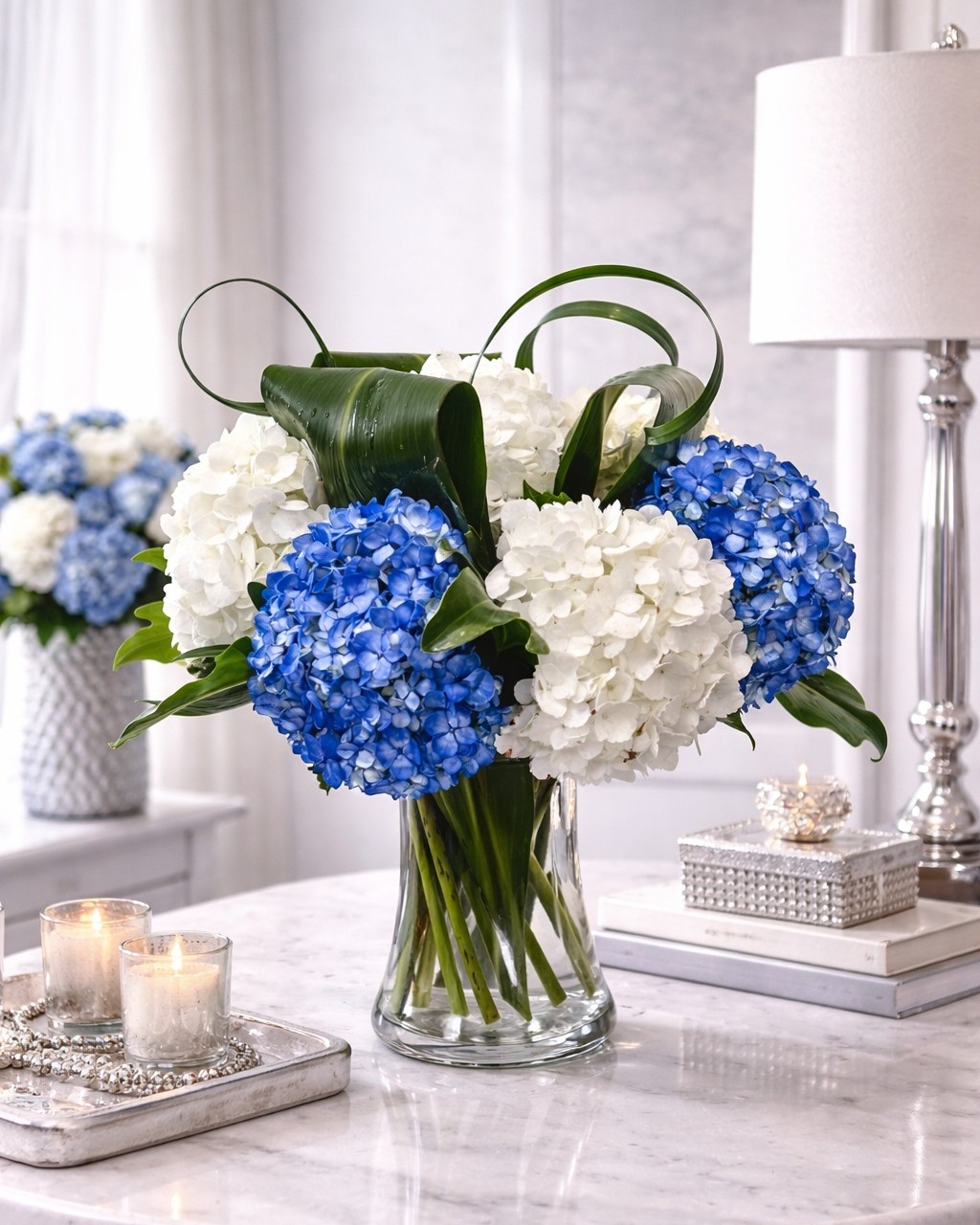 Vibrant Blue and White Glass Vase Display