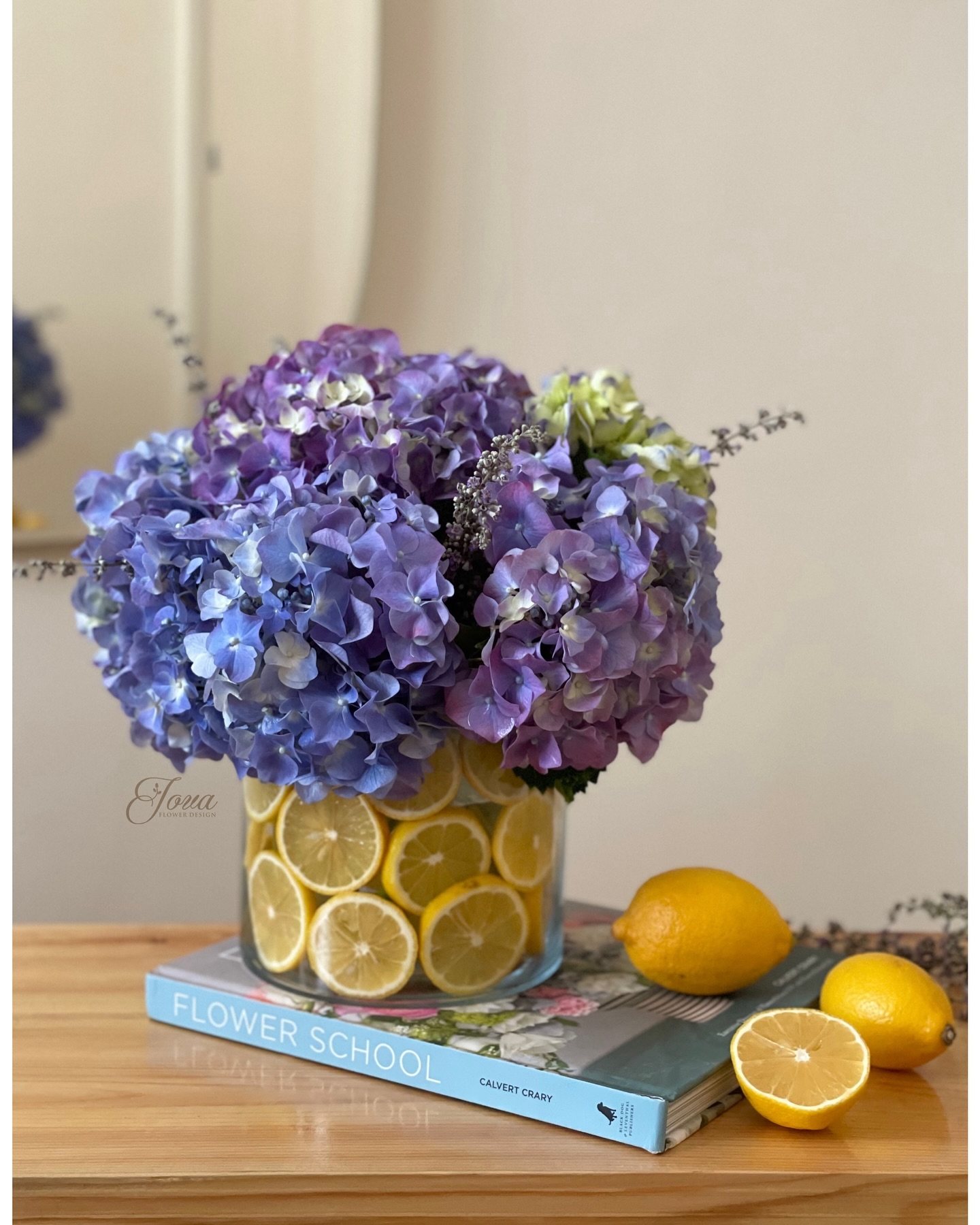 Purple Hydrangeas in Citrus Glass Container
