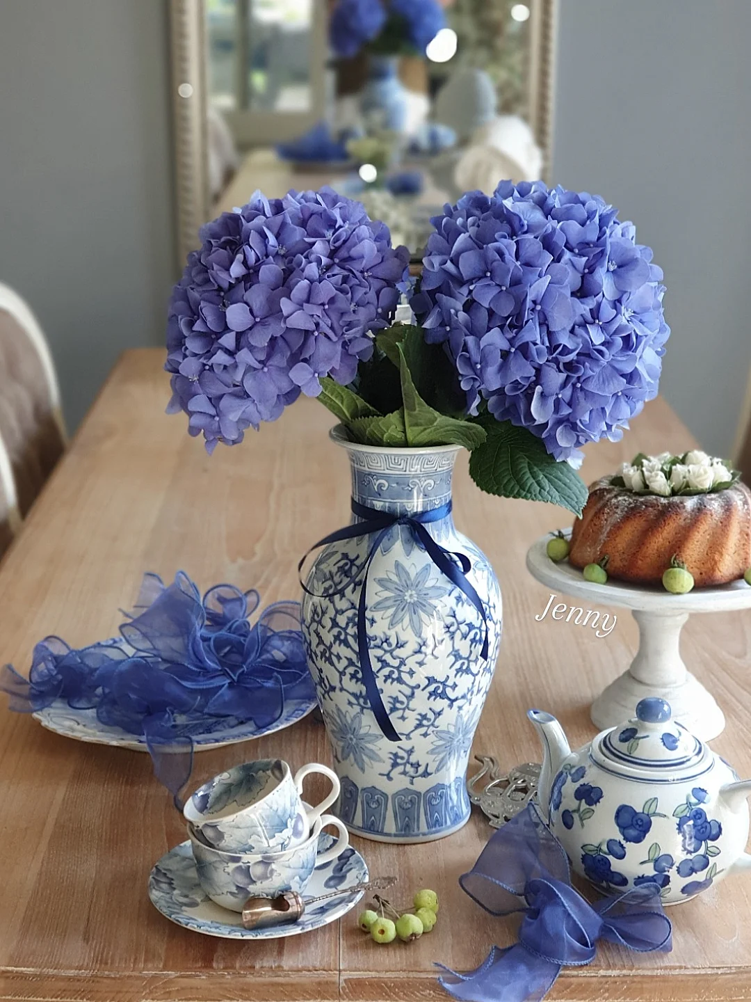 Porcelain Vase with Royal Blue Blooms