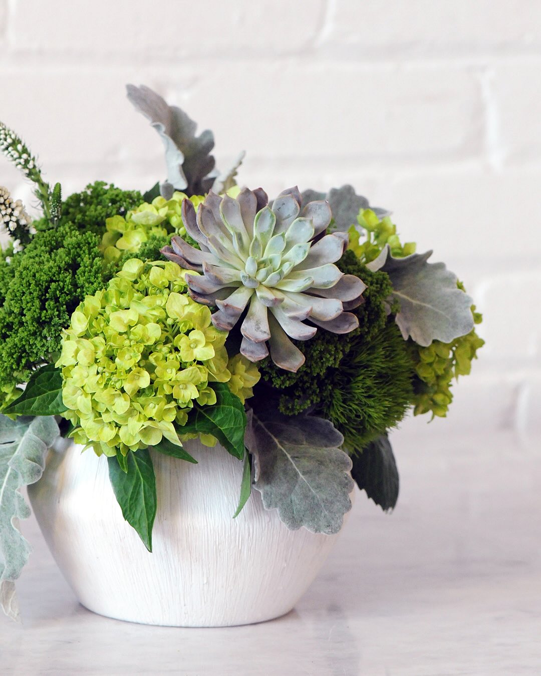 Chartreuse Bloom with Succulents and Dusty Miller