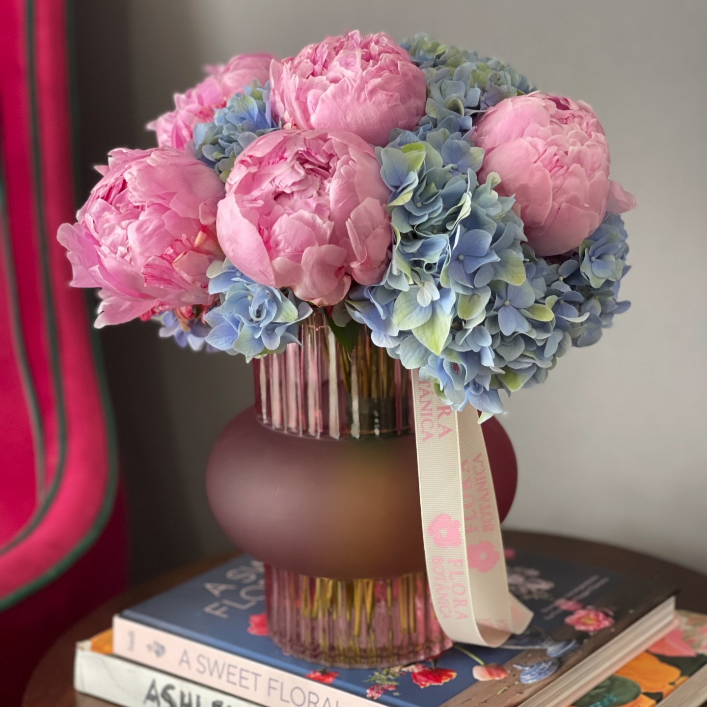 Pink Peonies and Dusty Blue Hydrangeas