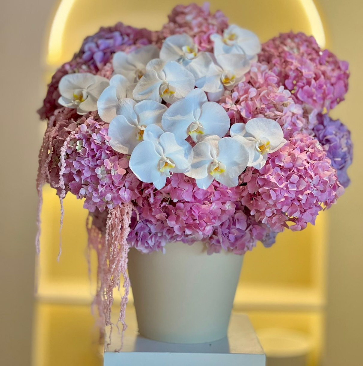 Cascading Orchid and Pink Blossom Urn