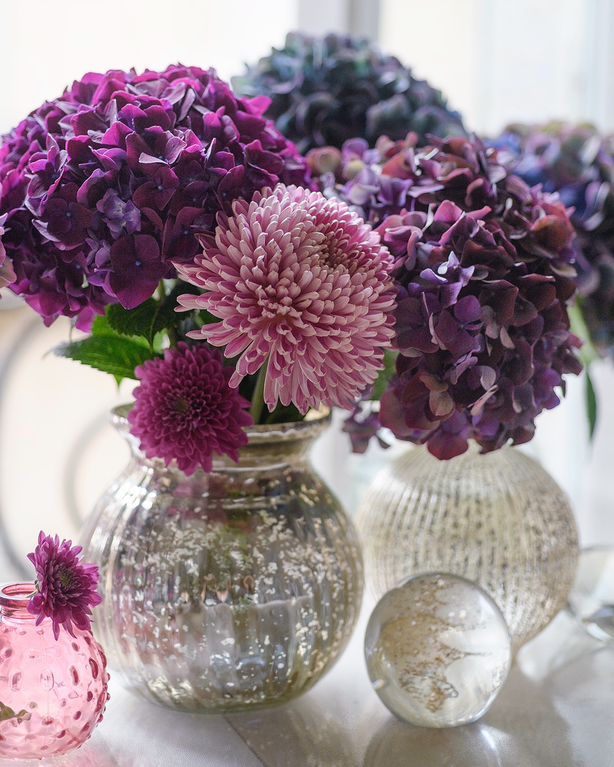Deep Plum Chrysanthemum and Mercury Glass Trio