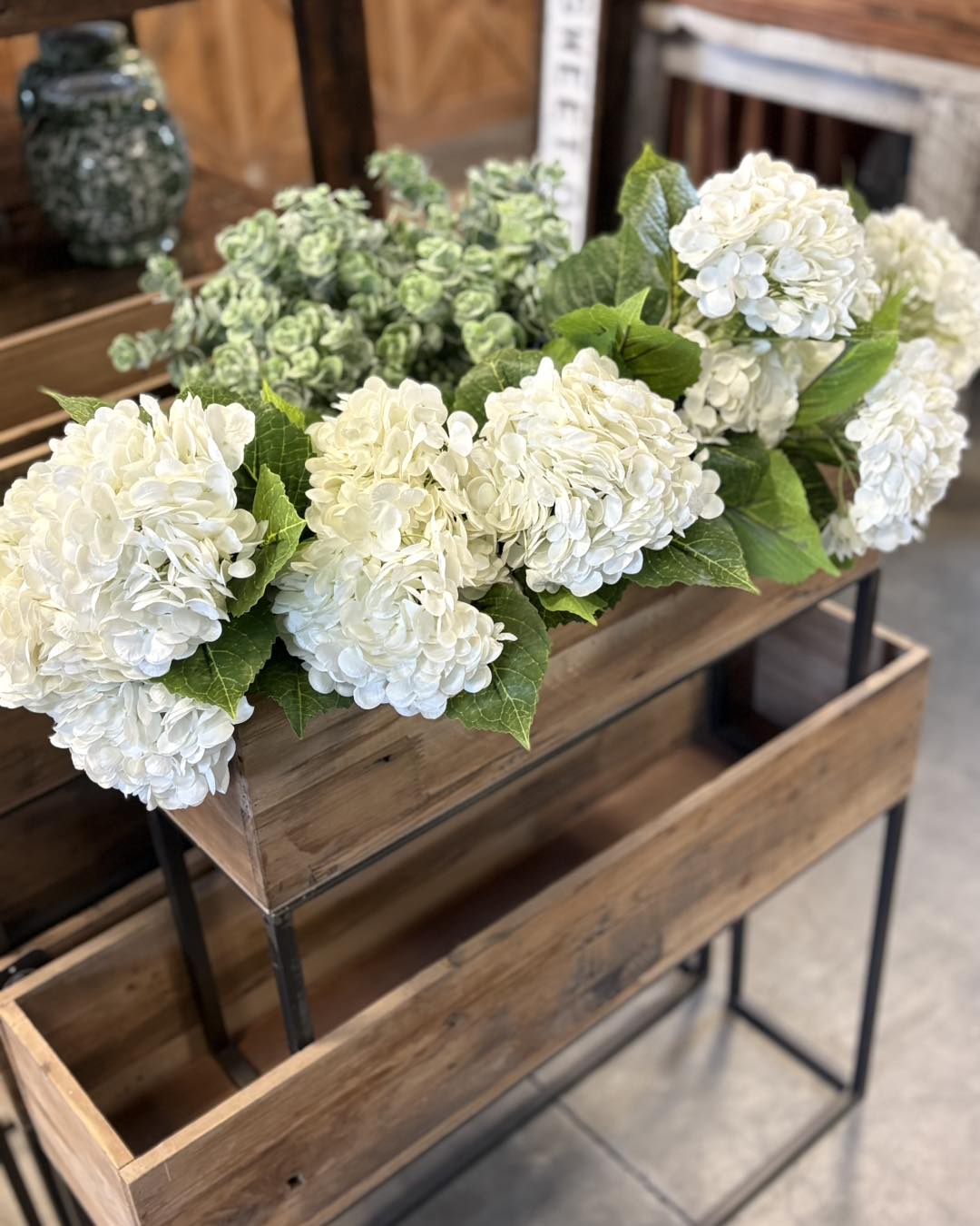 Tiered Wooden Planter Box with White Hydrangeas