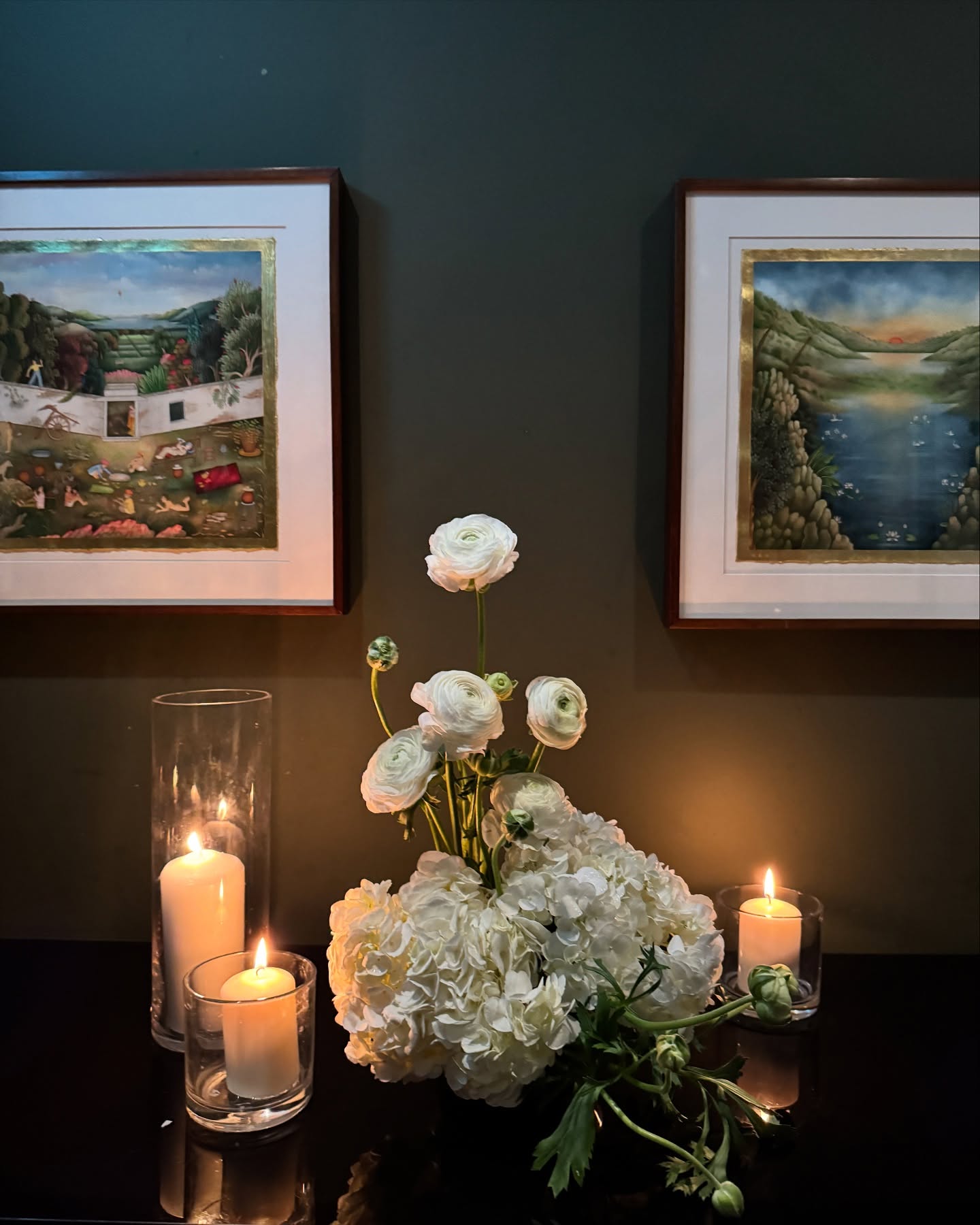 White Ranunculus and Hydrangea Candlelit Ensemble