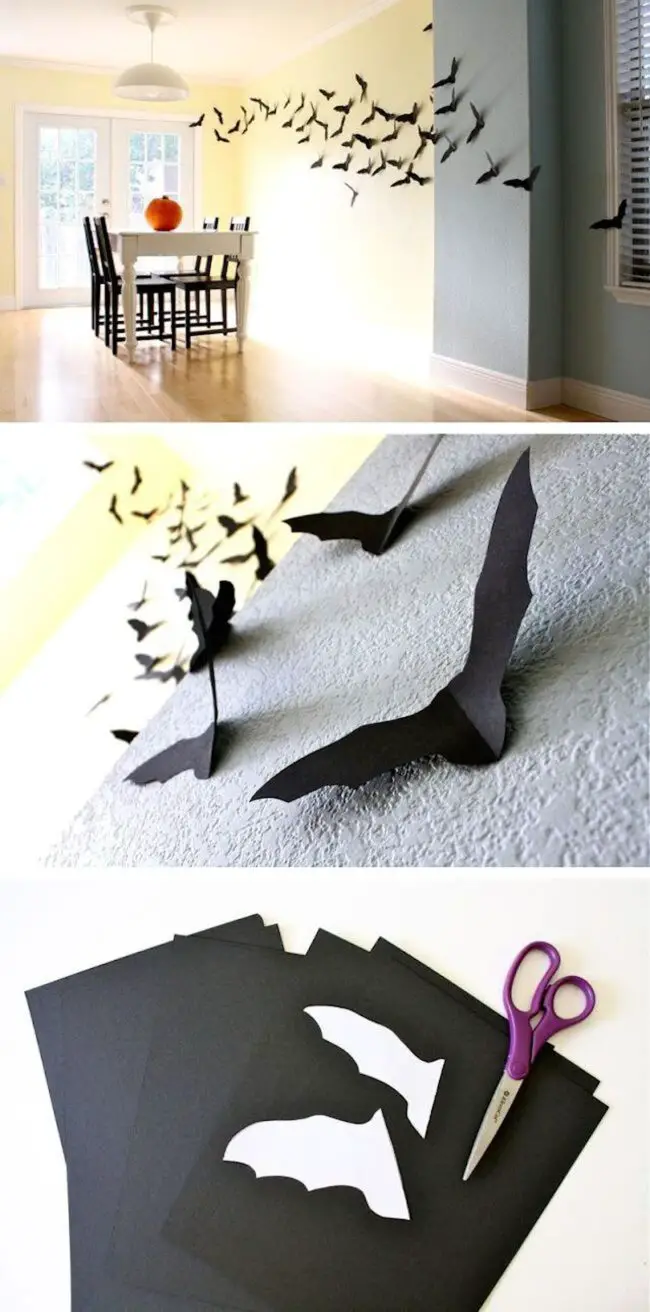 31 Indoor Halloween Decorations Ideas to Make Your Home Spooktacular 13 Flying Paper Bat Wall Installation
