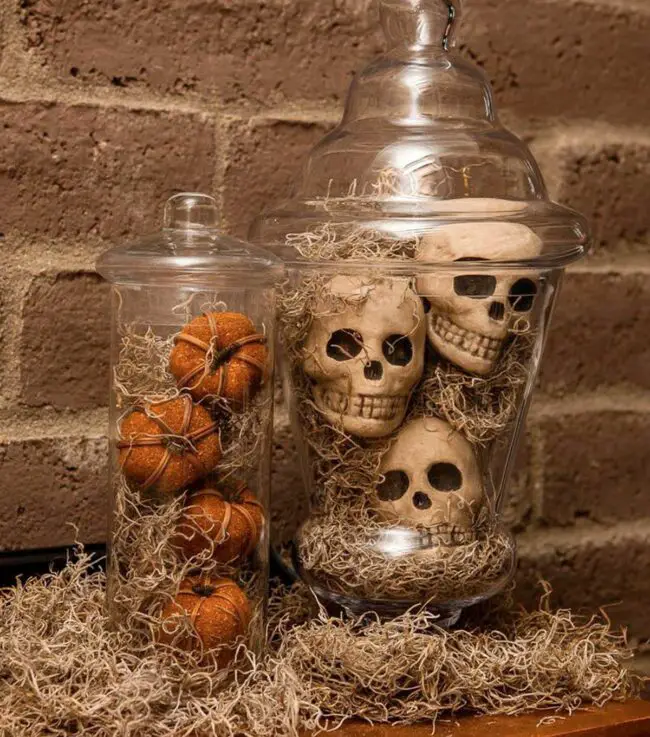 31 Indoor Halloween Decorations Ideas to Make Your Home Spooktacular 18 Skull and Pumpkin Apothecary Jars