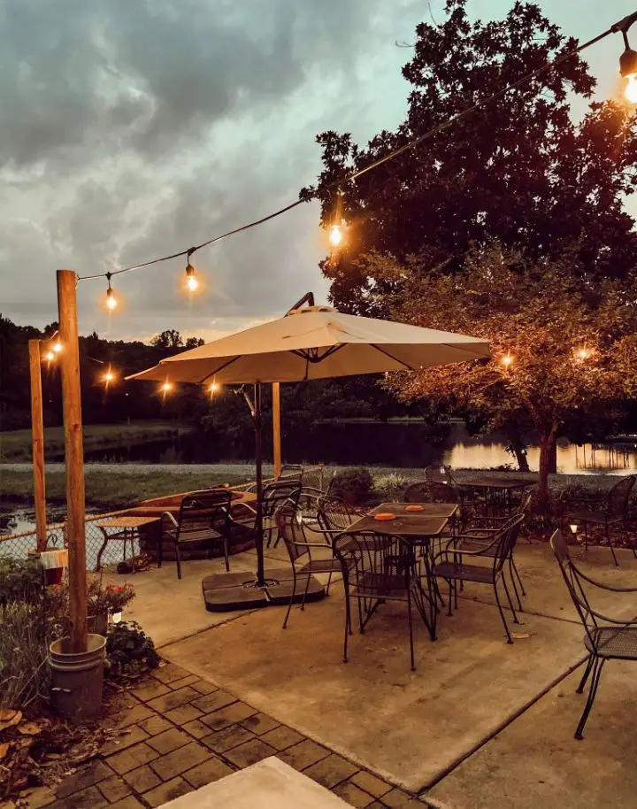 Lakeside Patio Umbrella and String Lights