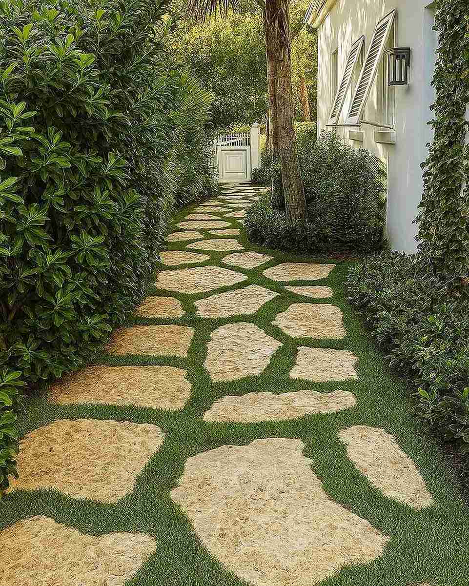 17+ Turf and Paver Ideas for a Stunning Modern Backyard 12 Rustic Flagstone Garden Path