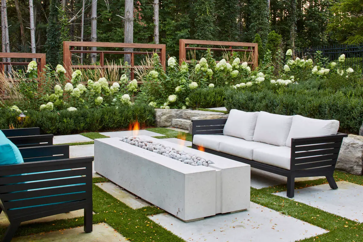 Contemporary Fire Pit and Hydrangea Screen