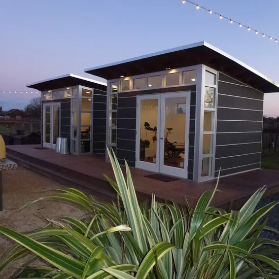 31 Tiny Shed House Ideas for Small and Creative Living Spaces 10 Twin Modern Outbuildings on Wooden Decking