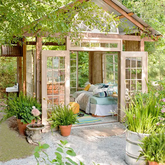 31 Tiny Shed House Ideas for Small and Creative Living Spaces 14 Glasshouse Bedroom Shed with French Doors