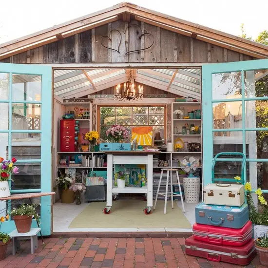 31 Tiny Shed House Ideas for Small and Creative Living Spaces 27 Vintage Artist Studio Shed with Chandelier