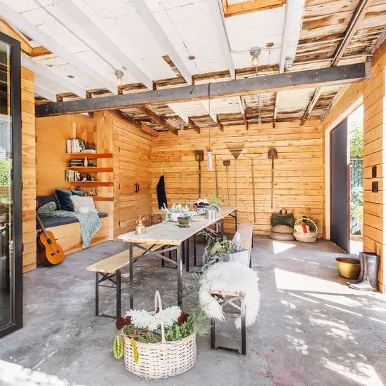 31 Tiny Shed House Ideas for Small and Creative Living Spaces 29 Rustic Timber Dining and Storage Shed